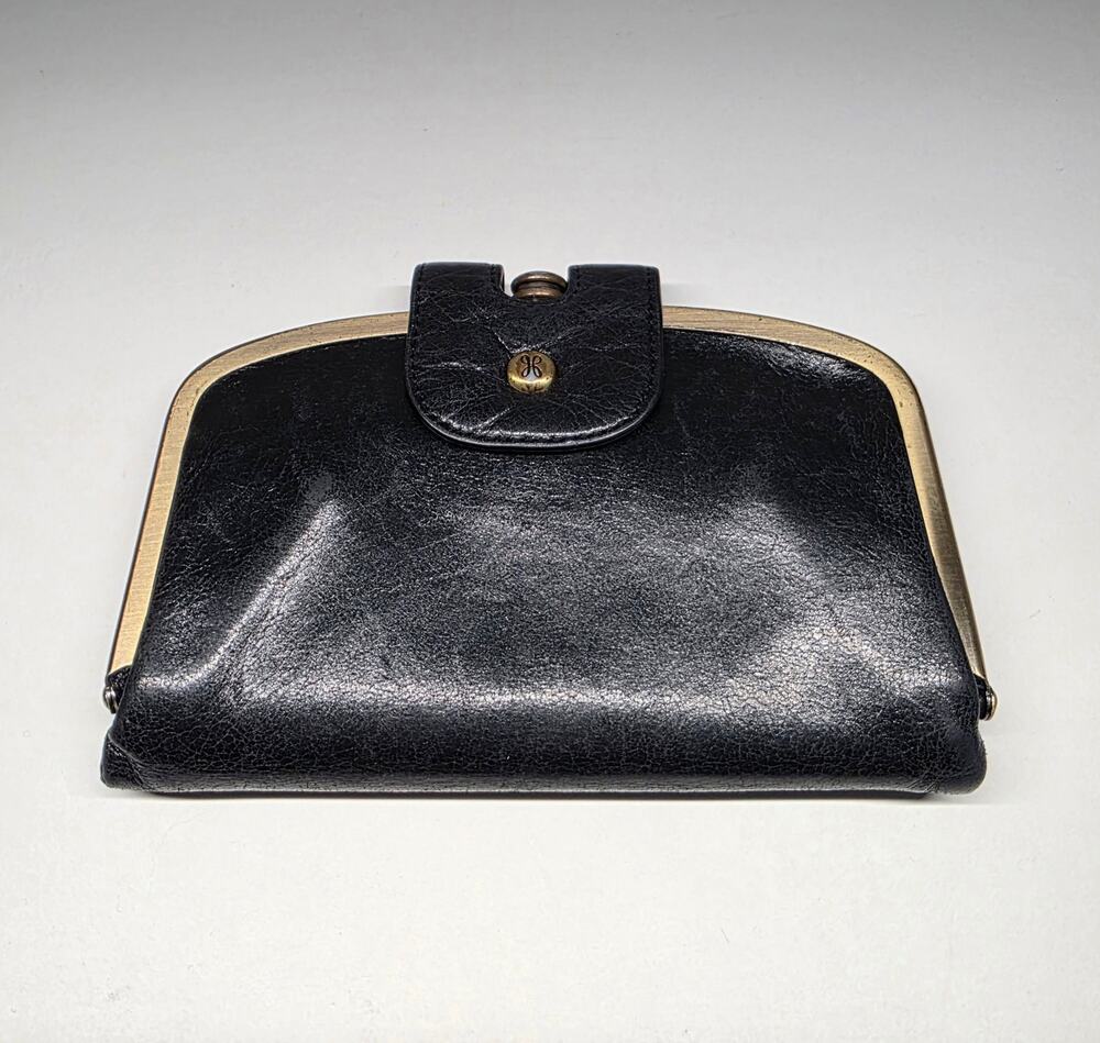 HOBO Black Leather Kiss Lock Clutch Wallet Frame Coin Purse